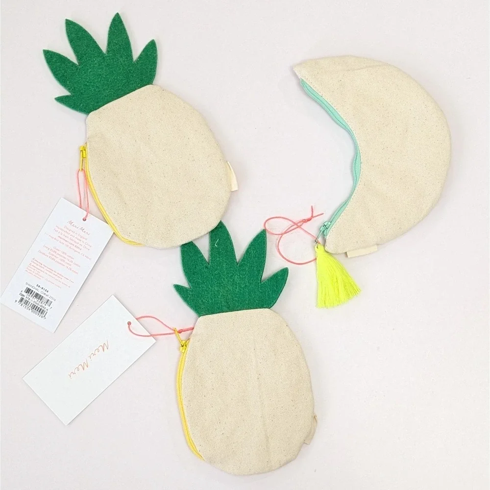 Meri Meri Coin Purse Lot Moon & Pineapple Shape Canvas Embroidered Zipper Pouch